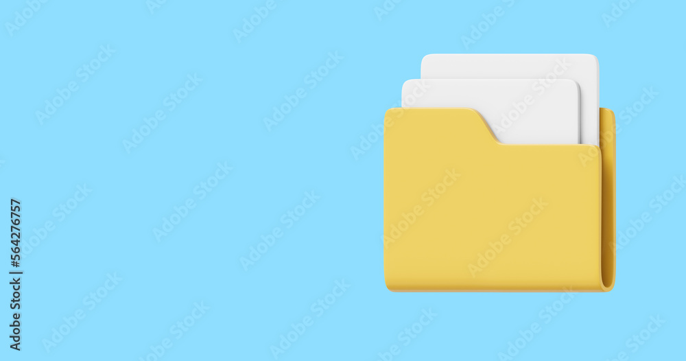 Poster computer folder with sheets of paper, files, interface element, side view. 3d rendering. icon on blu