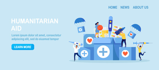 Humanitarian Aid. Voluntary Social Assistance and Support. Volunteers Collecting Food, Medicine for Refugees. People Donating Medications First Aid. Charity, Medicines Donation for Needy Poor People.