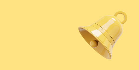 Yellow bell, notification symbol. 3D rendering. Icon on yellow background, space for text.