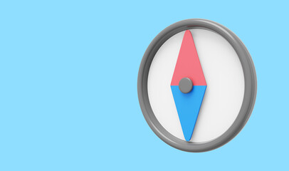 Cartoon compass, navigation, direction finding. 3D rendering. Icon on blue background, space for text.