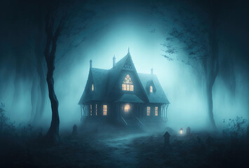 Fototapeta na wymiar Dwelling of a witch, a sorcerer. Scary old haunted house in the woods. Mystical creepy night fog. 3D rendering. AI generated.