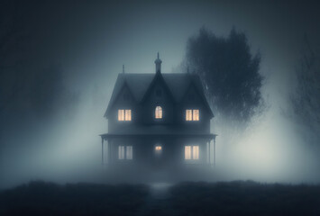Dwelling of a witch, a sorcerer. Scary old haunted house in the woods. Mystical creepy night fog. 3D rendering. AI generated.