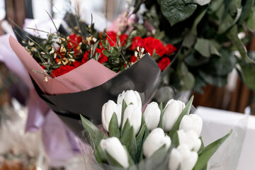 white and red tulips for a birthday bouquet