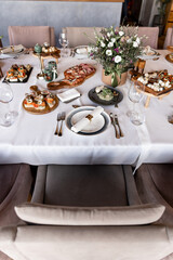 food and drinks on the table in the restaurant on the wedding day luxury