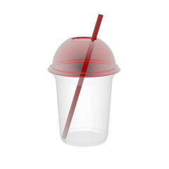 red and transparent plastic cup with straw isolated on white, 3d rendering of PNG transparent coffee cup