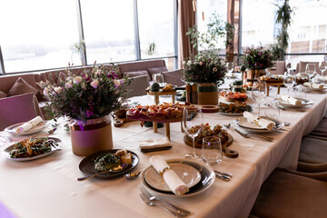 food and drinks on the table in the restaurant on the wedding day luxury