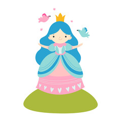 Vector children illustration of beautiful princess with birds. Cute fairytale character in flat style.
