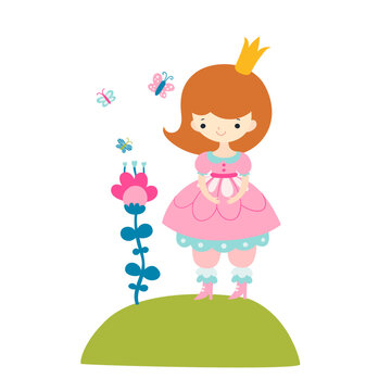 Vector flat illustration of beautiful princess with flower and butterflies. Cute fairytale character isolated on white.