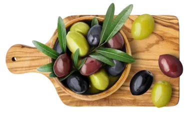 Gordijnen Green, black and brown olives with leaves on wooden board, cut out © Yeti Studio