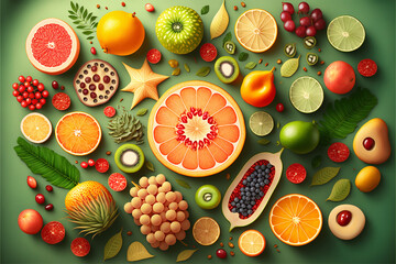 Fruit and vegetable background. Top view