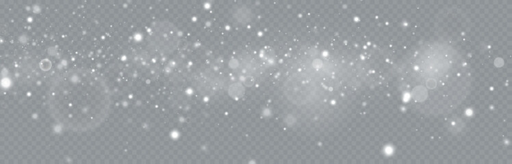 Particles of white magic dust. Shining light particles.Christmas glitter particles. Light effect on a transparent background.