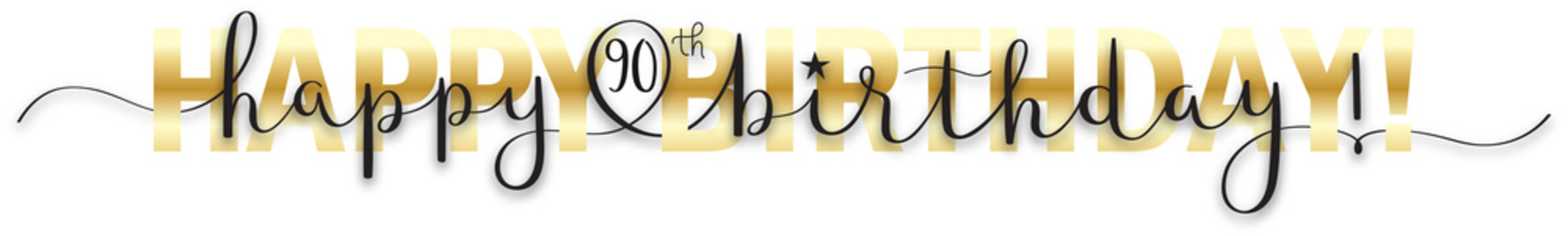 HAPPY 90th BIRTHDAY! black and metallic gold typography banner with brush calligraphy on transparent background