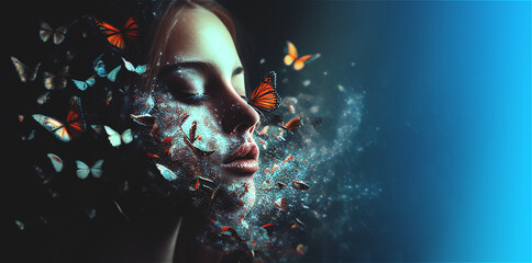Dream concept of young beautiful woman face with butterflies, copy space on right. Generative AI surreal illustration