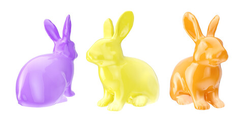 Set of colorful 3d rabbit element in various pose on png transparent background.
