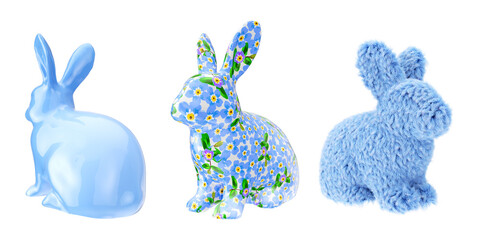 Set of colorful 3d rabbit element in various pose on png transparent background.
