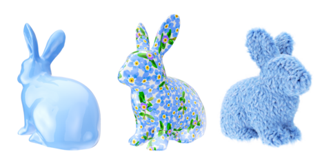 Set of colorful 3d rabbit element in various pose on png transparent background.