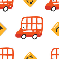Cartoon seamless pattern with double decker bus. Cute childish background. Urban transportation with road signs. Colorful vector print. Kid backdrop for textile, fabric, paper, games, play mat - obrazy, fototapety, plakaty