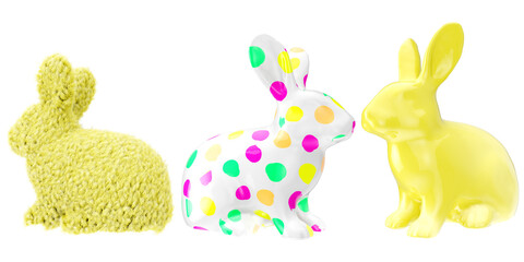 Set of colorful 3d rabbit element in various pose on png transparent background.