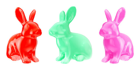 Set of colorful 3d rabbit element in various pose on png transparent background.