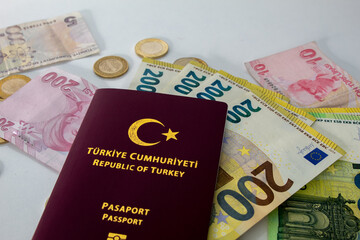 Turkish passport full of Euros. Bribe concept