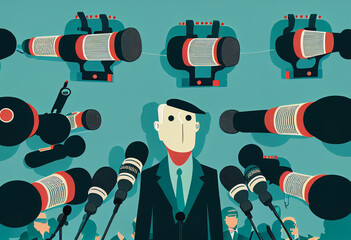 press conference. Speaker politician and lots of microphones.. - obrazy, fototapety, plakaty
