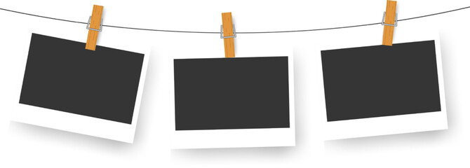 Snapshots attached to a clothespin. Realisctic retro photo frames. Booth empty teplate for collage