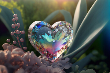 Glass crystal iridescent heart on flowers in the garden. Rainbow light in a prism.