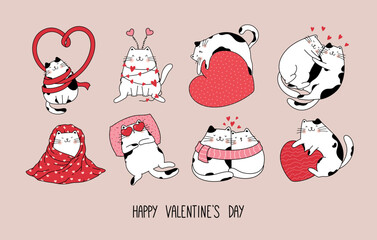 Set of sweet cute cats in love. Vector design concept for Valentine's day.