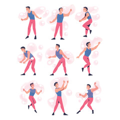 Man Performing Soap Bubble Show Making Liquid Sphere Vector Set