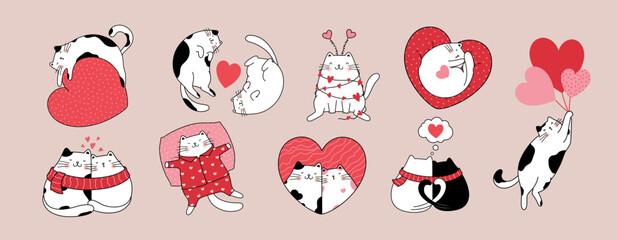 Hand drawn character collection with funny cute cats for Valentine's Day and Love.