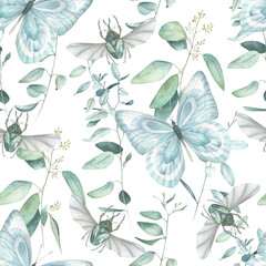 Watercolor seamless pattern with butterfly, eucalyptus branch . Botanical nature print on white background