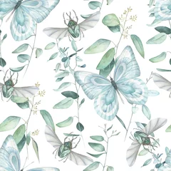 Fototapete Aquarell Natur Set Watercolor seamless pattern with butterfly, eucalyptus branch . Botanical nature print on white background