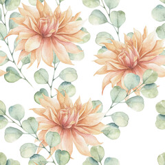 Watercolor seamless pattern with dahlia, eucalyptus branch . Botanical nature print on white background
