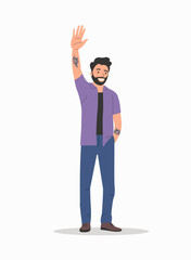 Young man waives hand in hello gesture while smiling cheerfully and holding hand in pocket. Man stand full body.Vector flat cartoon illustration