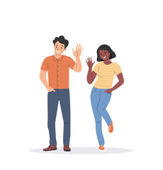 Young happy woman and man waives hands in hello gesture. People stand full body. Flat style cartoon vector illustration. © lyudinka