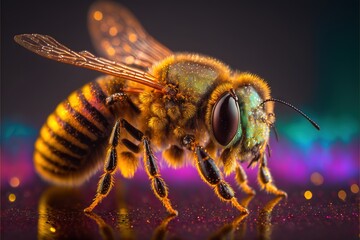 bee, honey, close up, bee, macro, nectar, insect, nature, yellow, pollen, photo, macro photography, bug, closeup, studio lighting, neon, rgb, glamour, glitter, generative ai, generative, ai, wing, clo