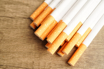 Cigarette, roll tobacco in paper with filter tube, No smoking concept.