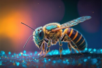 Fototapeta premium bee, honey, close up, bee, macro, nectar, insect, nature, yellow, pollen, photo, macro photography, bug, closeup, studio lighting, neon, rgb, glamour, glitter, generative ai, generative, ai, wing, clo