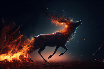 mysterious big deer running in fire flames