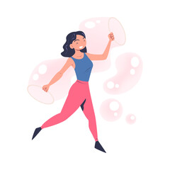 Happy Woman Performing Soap Bubble Show Making Liquid Sphere Vector Illustration