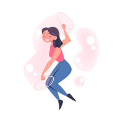 Happy Woman Performing Soap Bubble Show Making Liquid Sphere Vector Illustration
