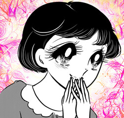 あざと可愛い上目遣いで好きな人に甘える黒髪大きな瞳の美少女昭和レトロ風少女漫画イラストと花園背景