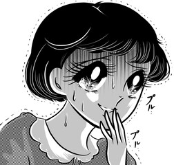 昭和レトロ70年代白黒ペン画少女漫画ゾッとして怯える黒髪の女の子達のホラーイラスト透過背景