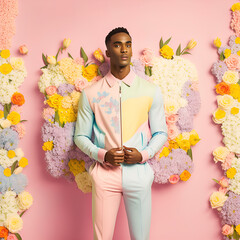 Portrait of a young, handsome man, a Spring prince on a pastel background wall made of fresh flowers. Spring creative concept. Illustration. Generative AI.