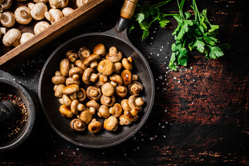 Frying pan with fried small mushrooms with parsley.  - obrazy, fototapety, plakaty