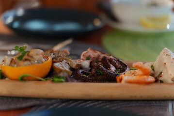 Marine plate. Mix of shrimp, fish, octopus.