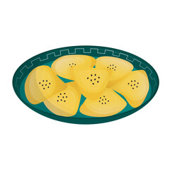 Samosa in beautiful Asian dish. Indian street food. Traditional Asian food. Turkish fast food. Vector illustration. Cartoon.