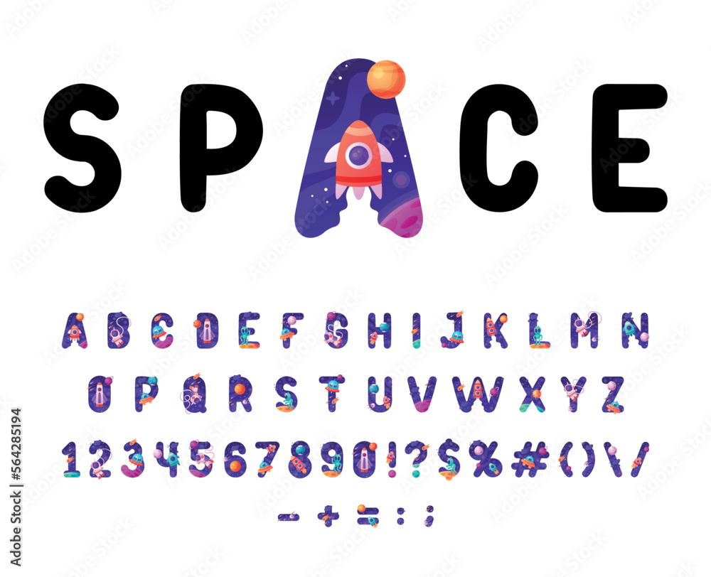 Fototapete Space Font and Alphabet with Cosmic Capital Letters and Numbers Vector Set