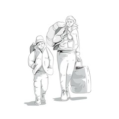 Mother and young boy, with bags, refugees, war refugees, emigrants