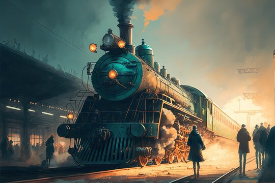 Vintage steam train locomotive, in train station. Beautiful vintage theme image. Generative Ai